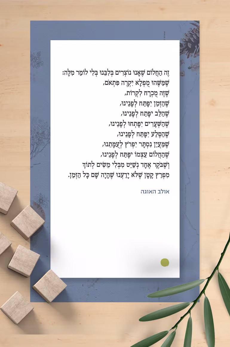 זה החלום אולב האוגה מילים הכי רחוק מהקיץ הישראלי הלוהט והכואב הזה, ישב גנן נורווגי מבוגר וכתב על חלום. שמשהו מופלא יקרה פתאם. תמיד אותו חלום - לא בשם מרי לו- אלא על מה שלוקח אותנו למקומות חדשים בתודעה ולמקומות חבויים של הנפש.