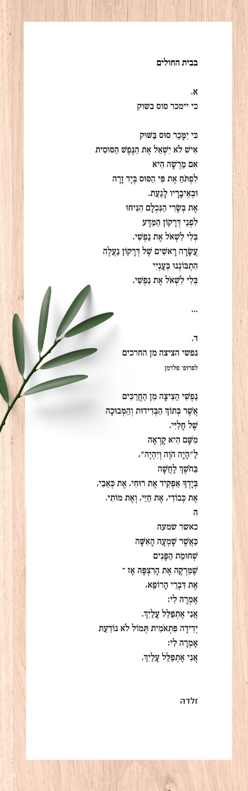 זלדה בבית החולים: כי יימכר סוס בשוק כּי יִמָּכֵר סוּס בַּשּׁוּק אִישׁ לֹא יִשְׁאַל אֶת הַנֶּפֶשׁ הַסּוּסִית אִם מַרְשָׁה הִיא לִפְתֹּחַ אֶת פִּי הַסּוּס בְּיָד זָרָה וּבְאֵיבָרָיו לָגַעַת. אֶת בְּשָׂרִי הַנִּכְלָם הִנִּיחוּ לִפְנֵי דְּרָקוֹן הַמַּדָּע בְּלִי לִשְׁאֹל אֶת נַפְשִׁי. עֲשָׂרָה רָאשִׁים שֶׁל דְּרָקוֹן נַעֲלֶה הִתְבּוֹנְנוּ בְּעָנְיִי בְּלִי לִשְׁאֹל אֶת נַפְשִׁי. ... ד. נפשי הציצה מן החרכים לפרופ' פלדמן נַפְשִׁי הֵצִיצָה מִן הַחֲרַכִּים אֲשֶׁר בְּתוֹךְ הַבְּדִידוּת וְהַמְּבוּכָה שֶׁל חָלִיִּי. מִשָּׁם הִיא קָרְאָה לַ"הָיָה הֹוֶה וְיִהְיֶה", בַּחֹשֶׁךְ לָחֲשָׁה בְּיָדְךָ אַפְקִיד אֶת רוּחִי, אֶת כְּאֵבִי, אֶת כְּבוֹדִי, אֶת חַיַּי, וְאֶת מוֹתִי. ה כאשר שמעה כַּאֲשֶׁר שָׁמְעָה הָאִשָּׁה שְׁחוּמַת הַפָּנִים שֶׁמֵּרְקָה אֶת הָרִצְפָּה אָז – אֶת דִּבְרֵי הָרוֹפֵא, אָמְרָה לִי: אֲנִי אֶתְפַּלֵּל עָלַיִךְ. יְדִידָה פִּתְאֹמִית תְּמוֹל לֹא נוֹדַעַת אָמְרָה לִי: אֲנִי אֶתְפַּלֵּל עָלַיִךְ.