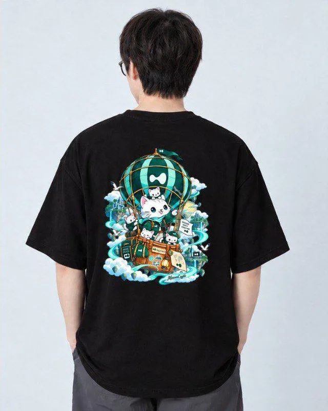 Back of the black balloon tee with the hot-air-balloon cat print