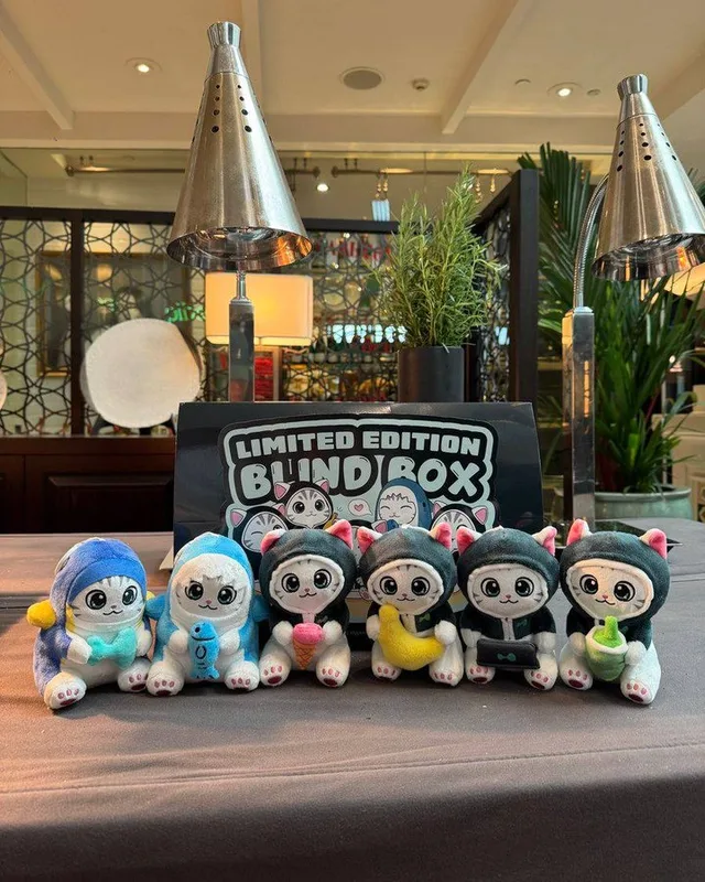 Six HypurrBubu plush cats in front of a limited edition blind box sign