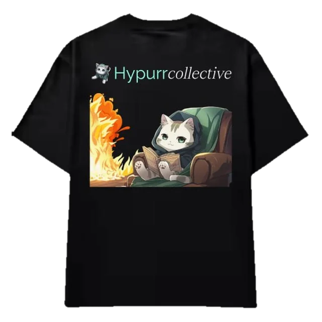 Tee: cat reading by a fire