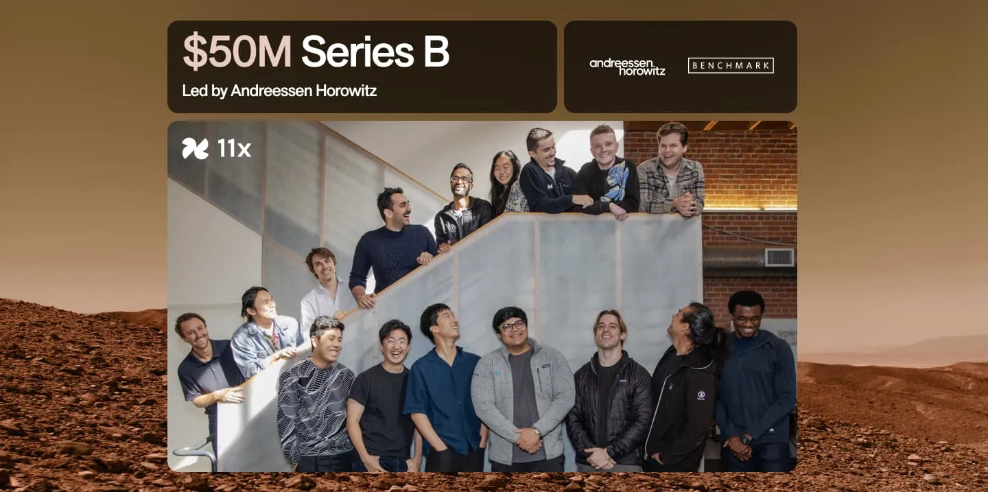 Group photo of happy diverse team members on stairs celebrating $50M Series B funding led by Andreessen Horowitz and Benchmark.