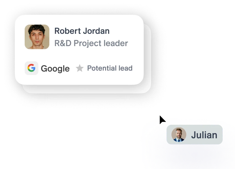 Profile card showing Robert Jordan, R&D Project leader at Google, marked as a potential lead, with a small profile picture of a man with dark curly hair, and a smaller tag displaying a photo of a man with light hair and beard labeled Julian.