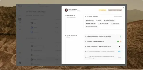 User interface showing a sales lead profile for Leslie Alexander with verified lead status, ICP details including location, industry, employee count, revenue, and growth data, plus agentic research updates on job openings, regional expansion, website visits, and call recordings.