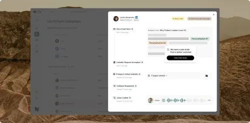 User interface showing sales and lead tracking for US FinTech Campaign with detailed interactions of Leslie Alexander including emails, LinkedIn requests, website visits, call back requests, and a voice call recording.