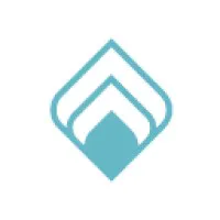 Abstract blue geometric logo with overlapping diamond shapes forming a flame-like design.