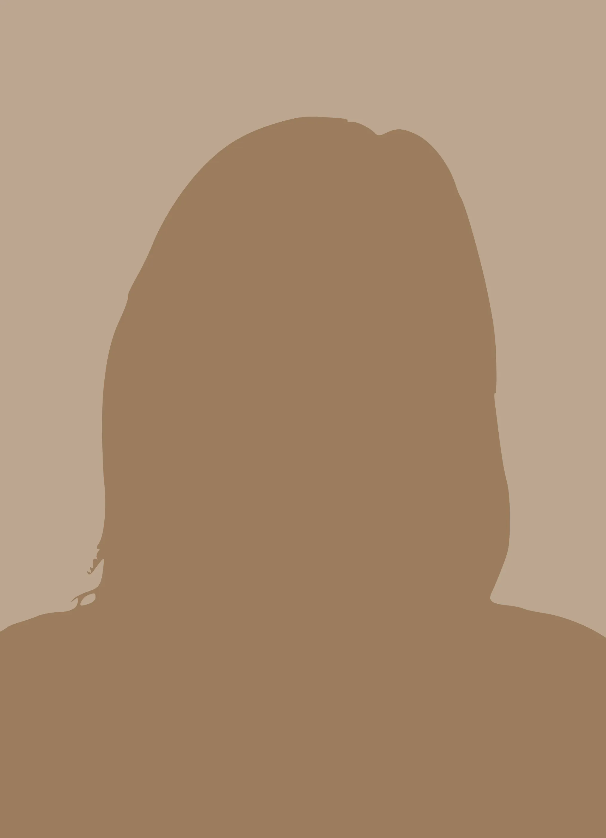 Silhouette of a person with shoulder-length hair against a beige background.