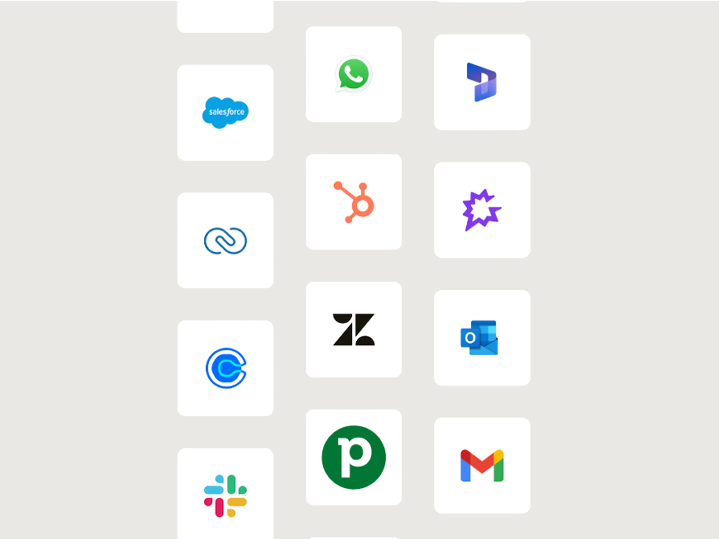 Grid of logos including Salesforce, WhatsApp, Microsoft Dynamics 365, HubSpot, Monday.com, Adobe Experience Cloud, Zendesk, Microsoft Outlook, Calendly, Pipedrive, Gmail, and Slack.
