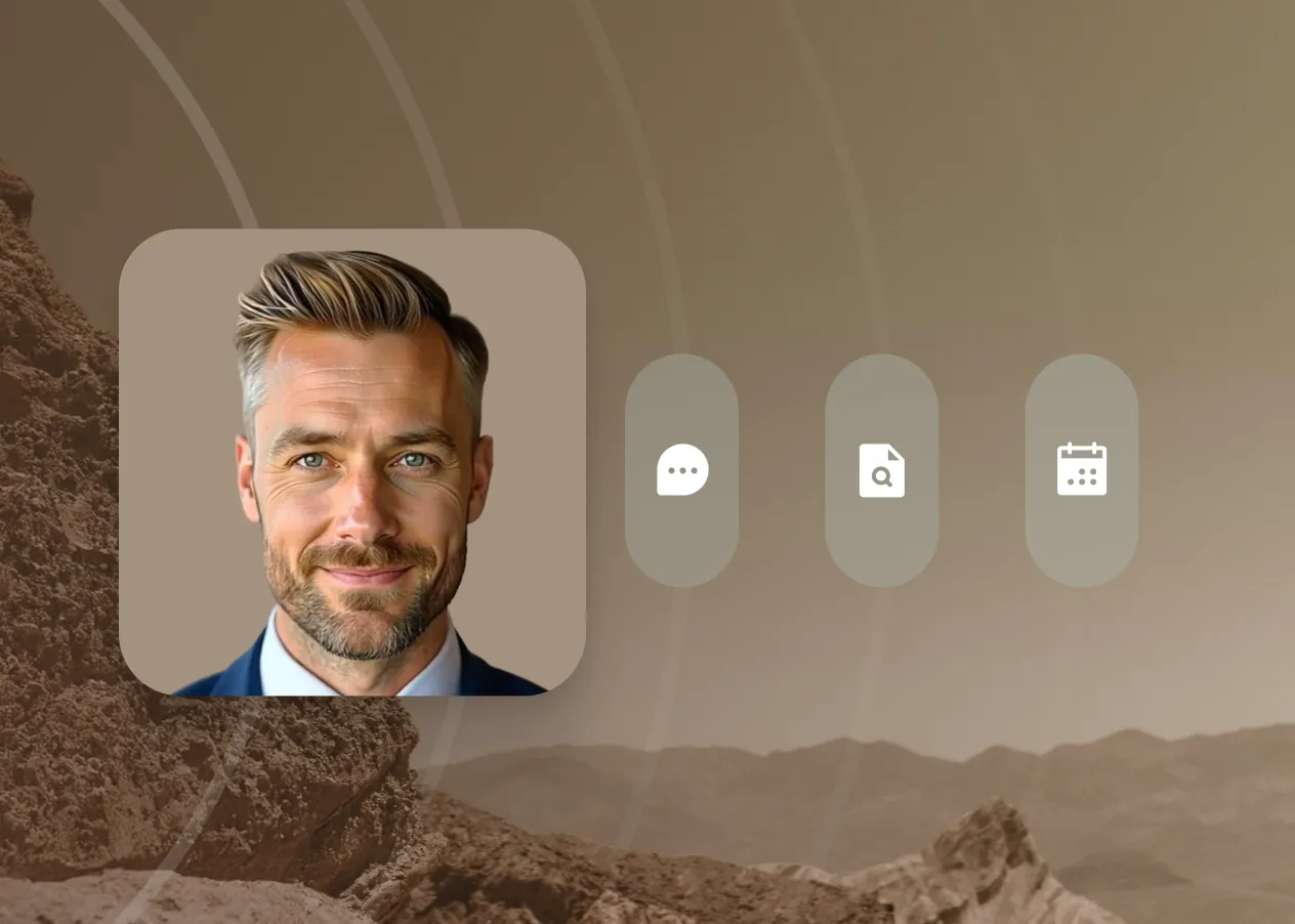 Portrait of a smiling middle-aged man with blue eyes and styled gray hair, wearing a suit and tie, over a sepia-toned mountain landscape background with three semi-transparent icons representing chat, list, and headgear.