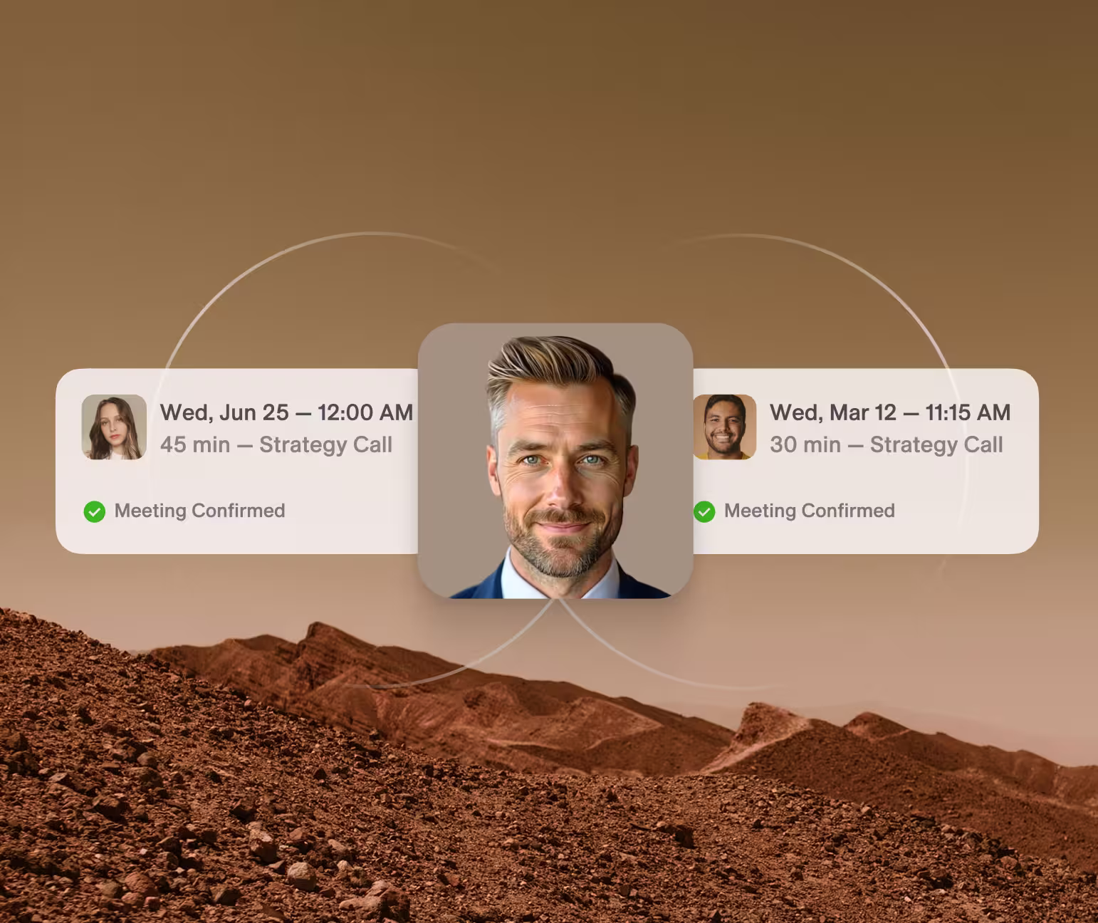 Two confirmed strategy call meetings with profile pictures and details connected by lines to a man's portrait over a rocky, mountainous landscape.