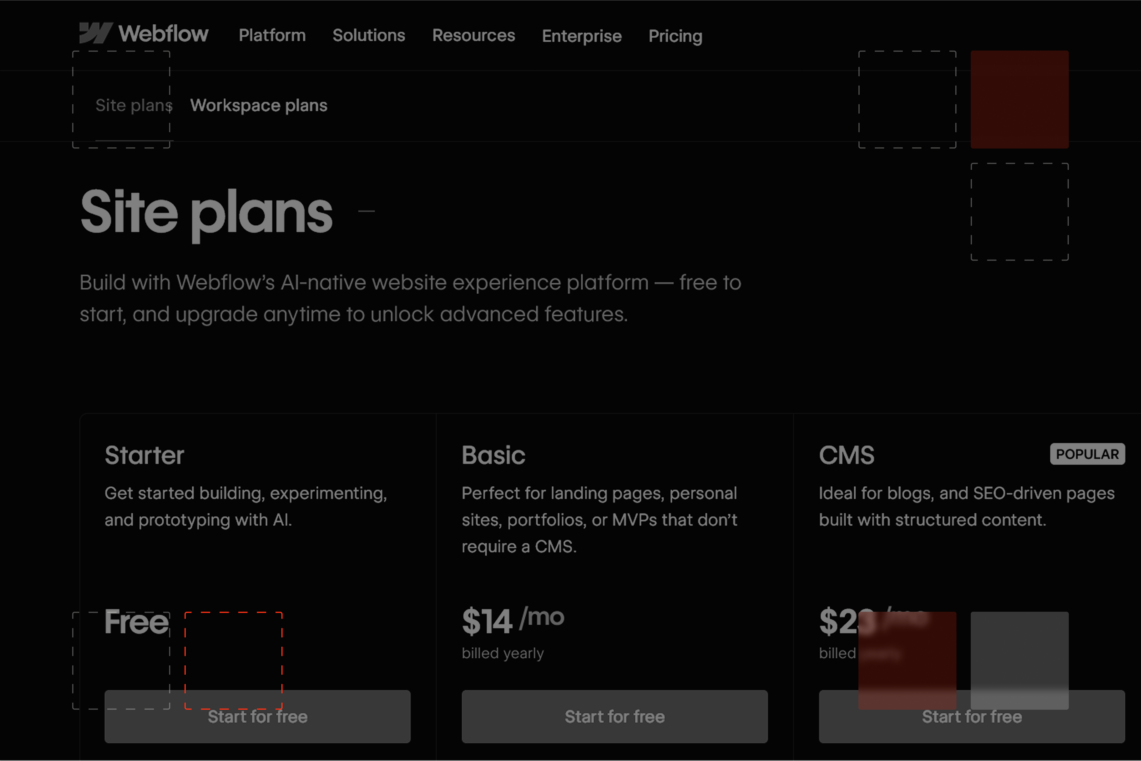 A screenshot of the Webflow pricing page.