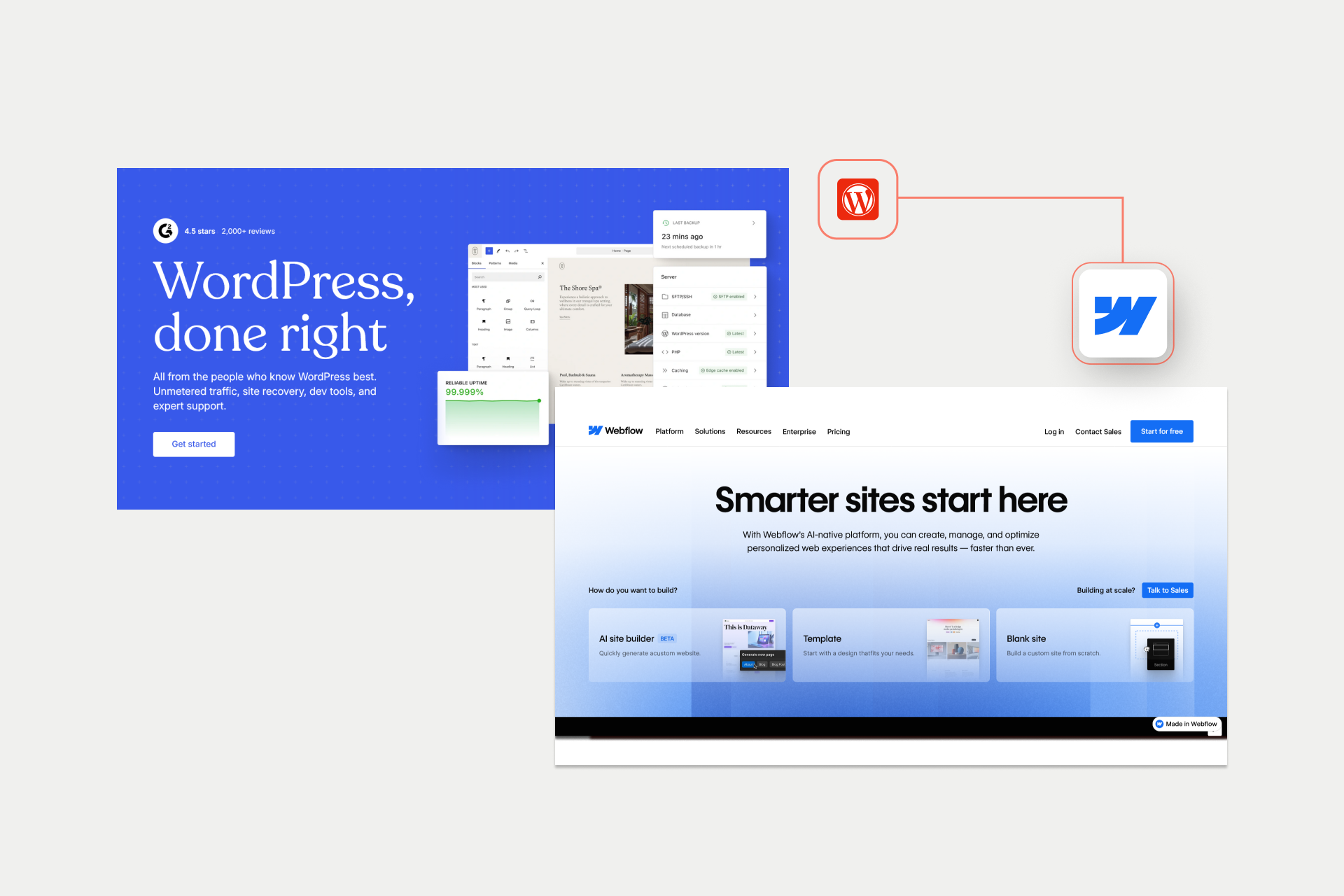 Screenshots of WordPress and Webflow home pages.