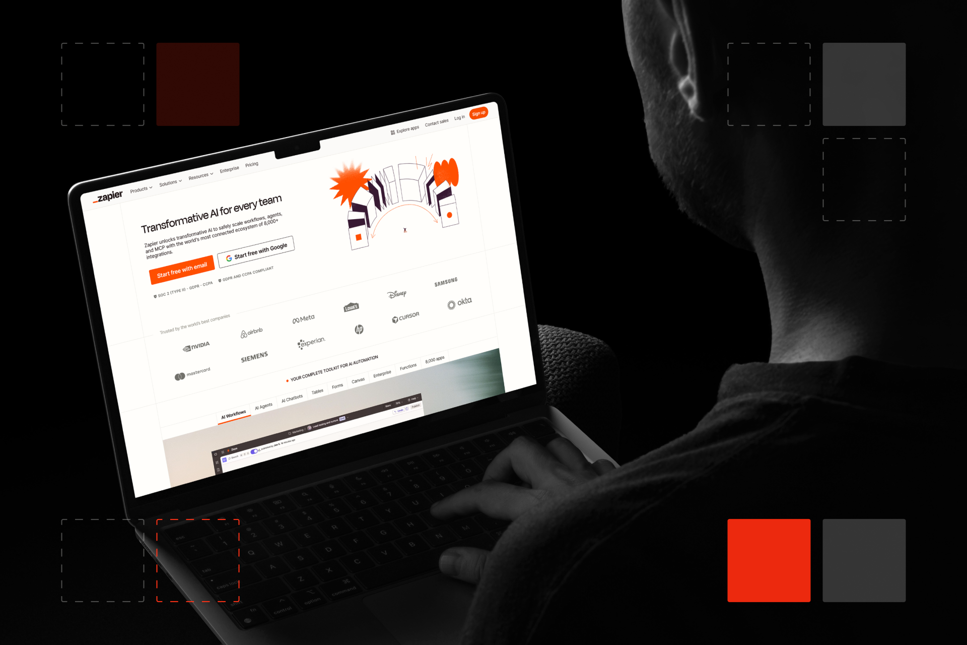 A person browsing the Zapier website to explore Webflow automation and integration features.