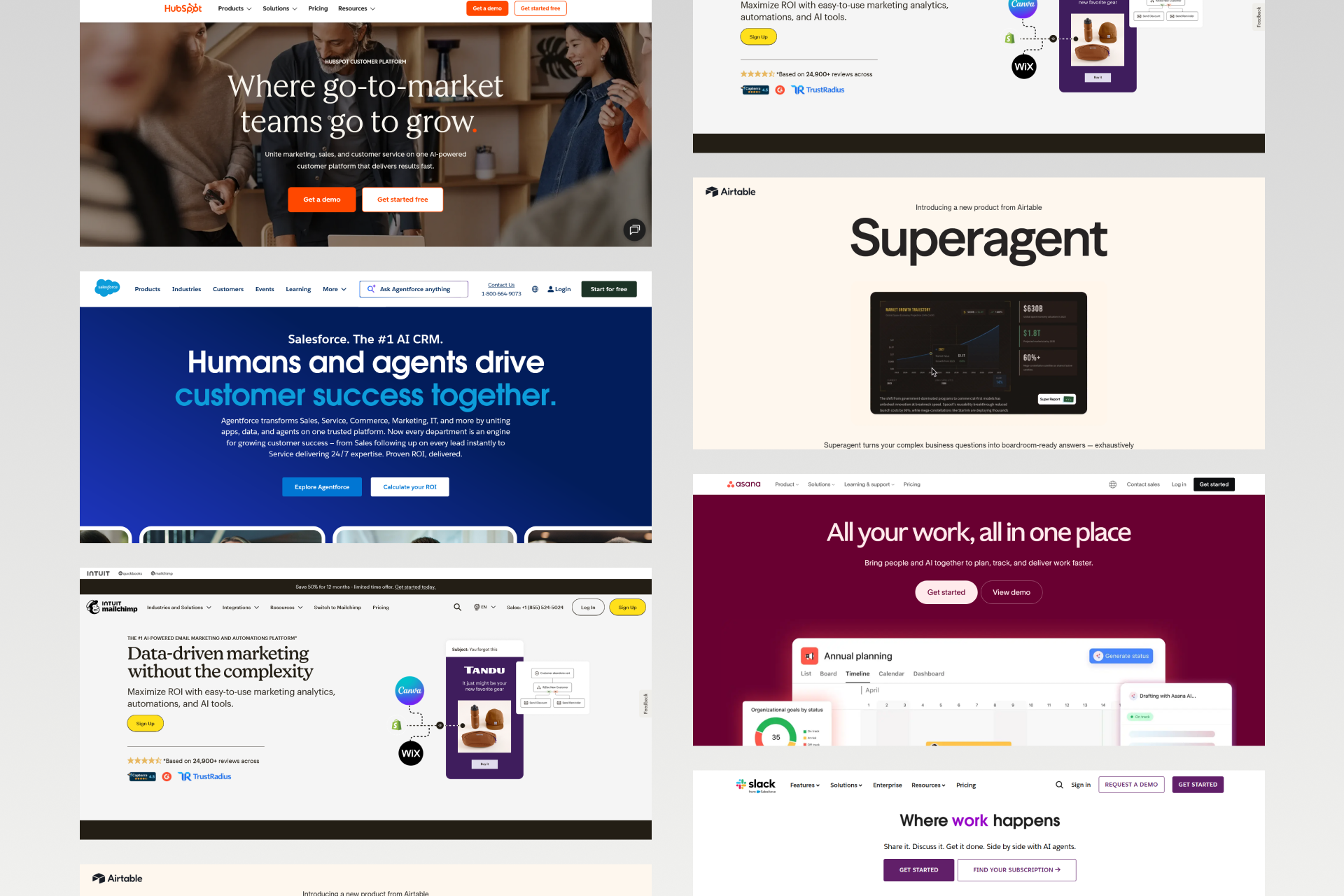Homepages of popular integration apps for Webflow including HubSpot, Salesforce, Mailchimp, Airtable, Asana, and Slack.