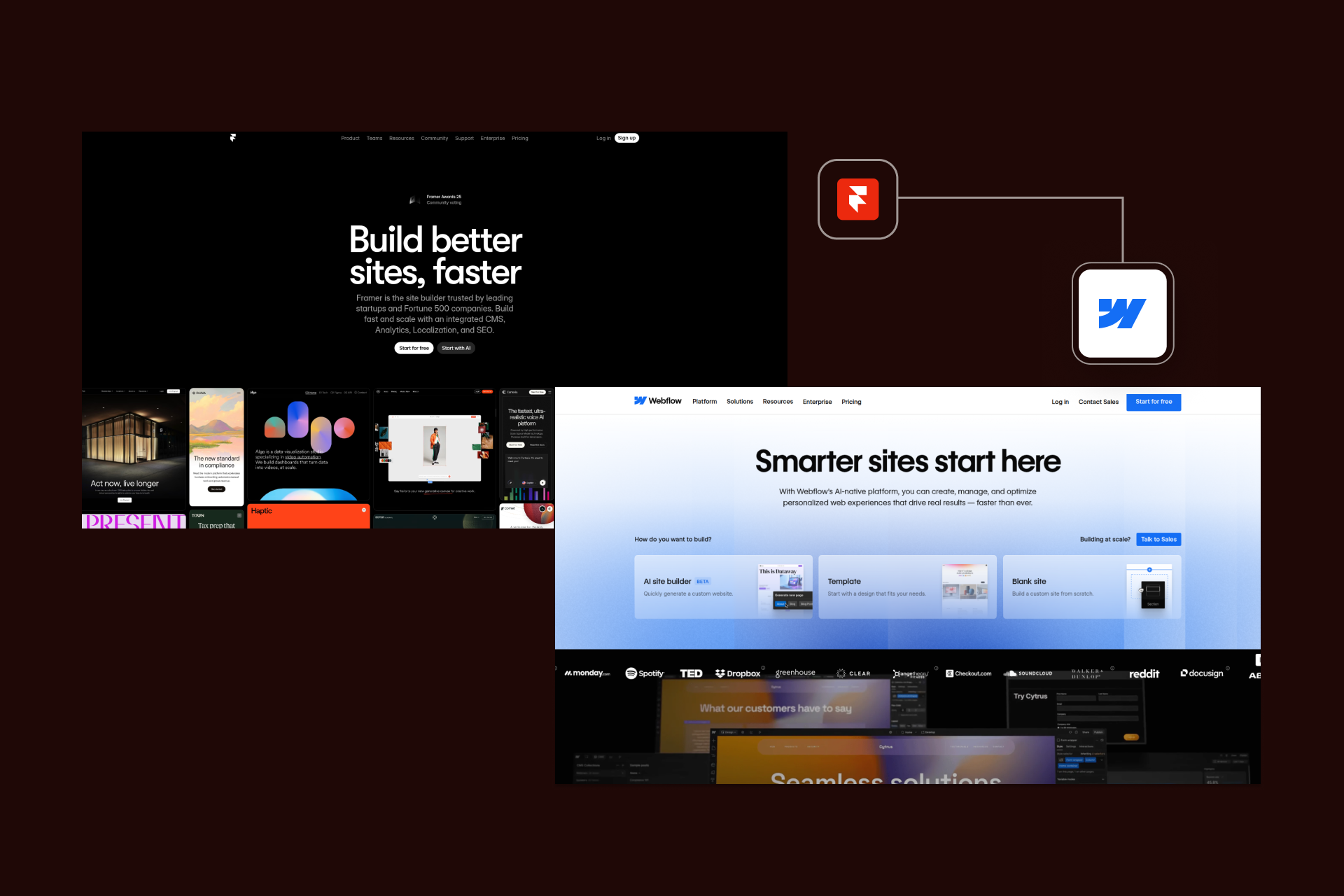  Minimalist comparison graphic showing screenshots of Framer and Webflow homepages with directional arrows and logos.