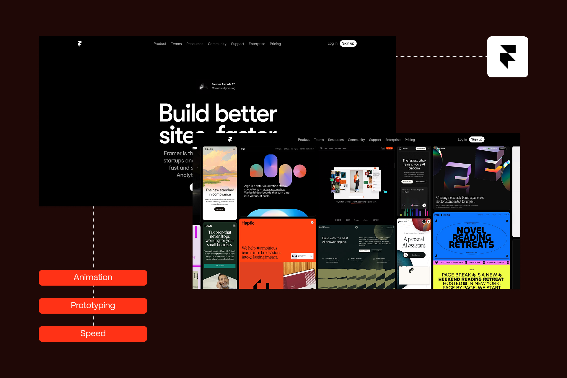  Framer homepage screenshot featuring the company logo and three key platform features for visual web development.