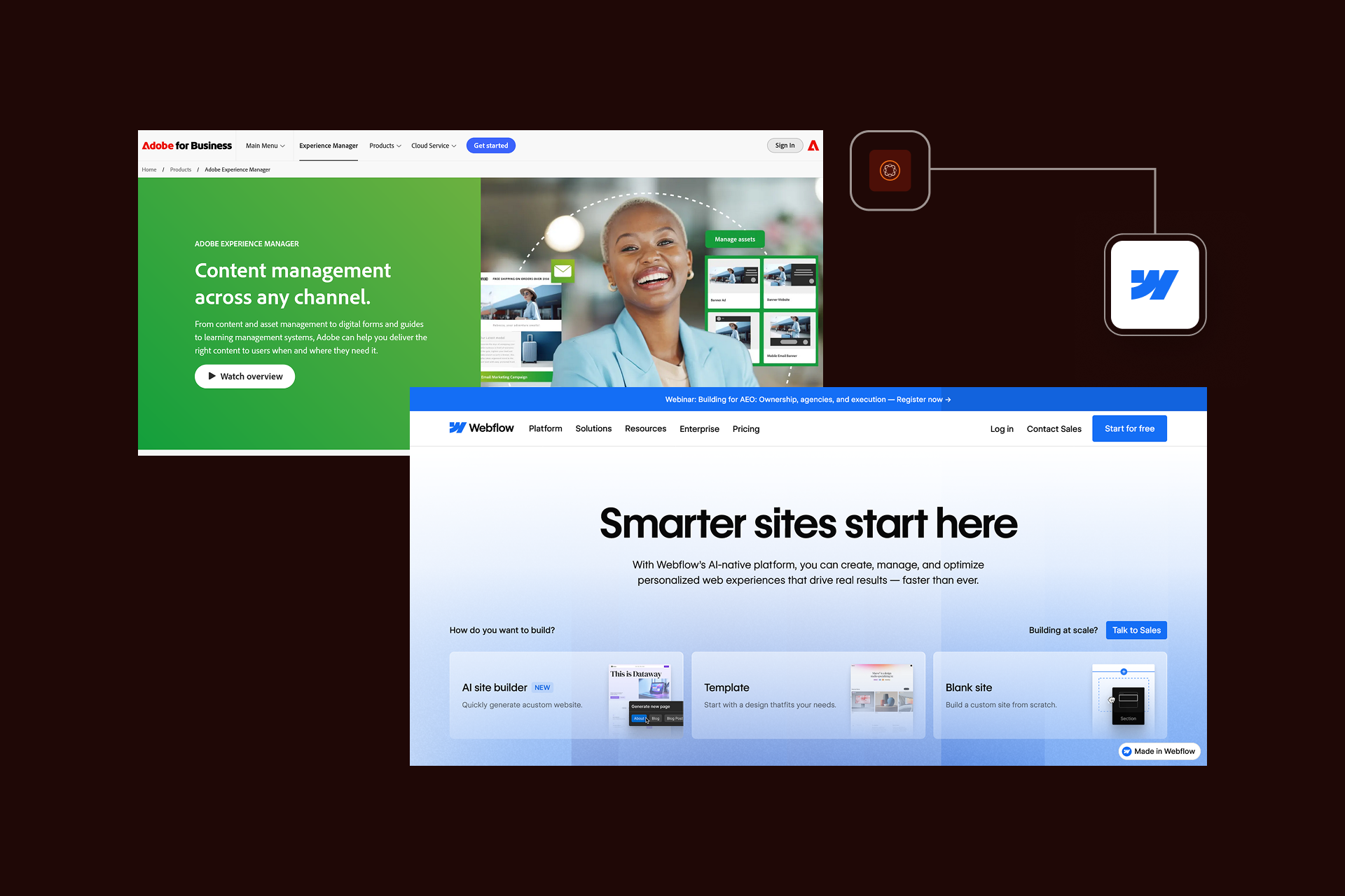 Screenshots of Adobe Experience Manager and Webflow home pages. 