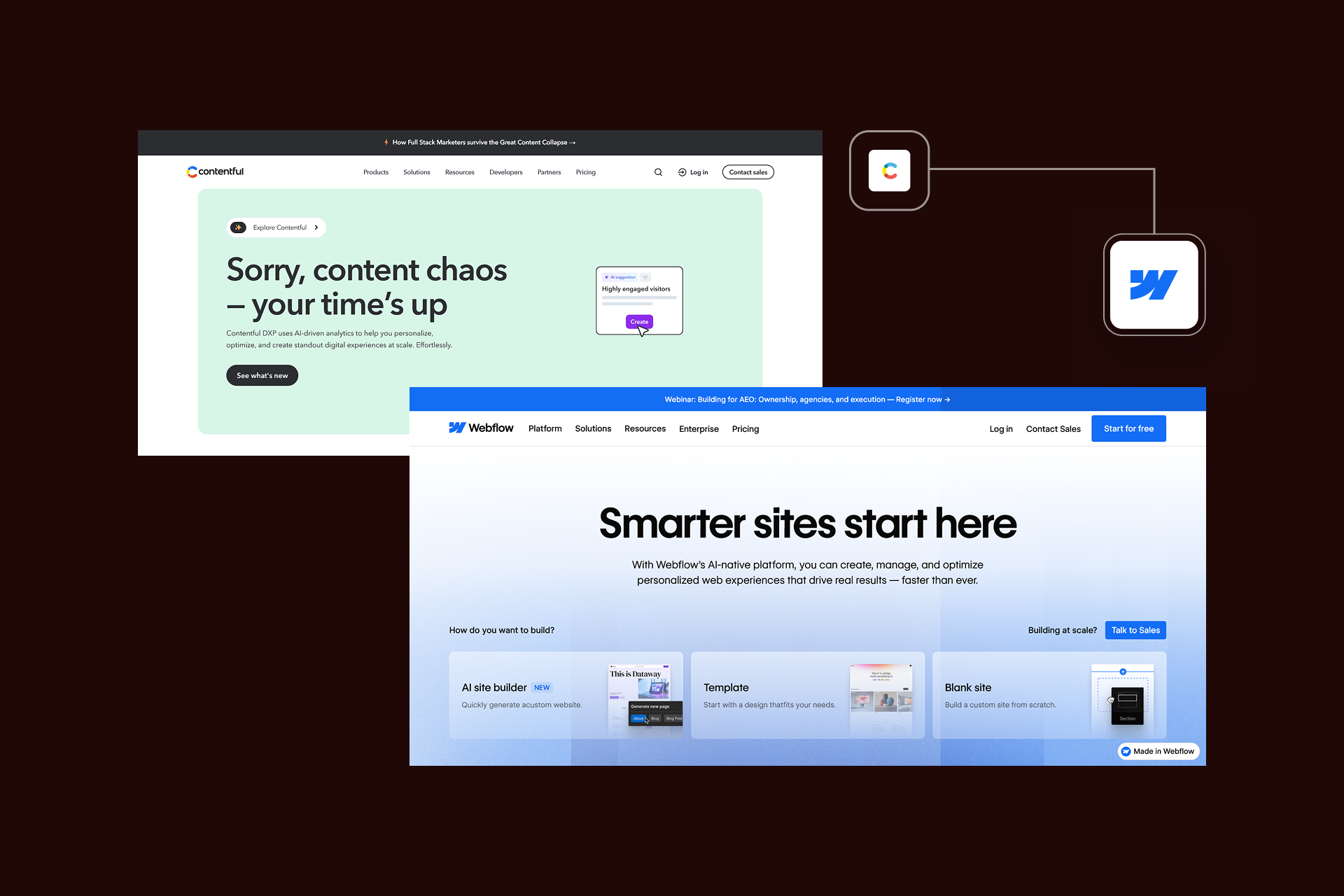 Screenshots of Contentful and Webflow home pages.