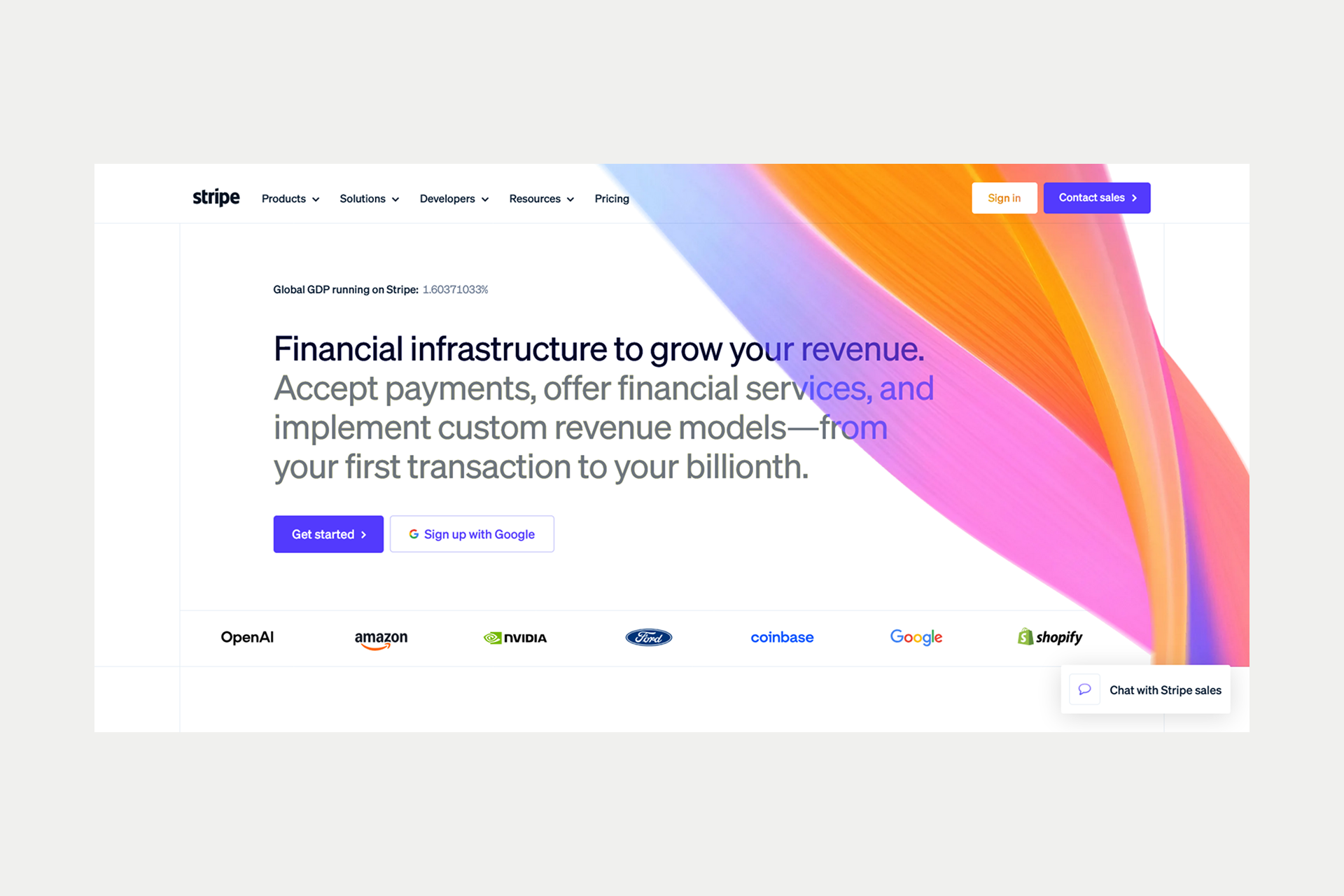 Screenshot of the Stripe homepage highlighting its developer-focused design, sleek gradient background, and "Payments infrastructure for the internet" value proposition.