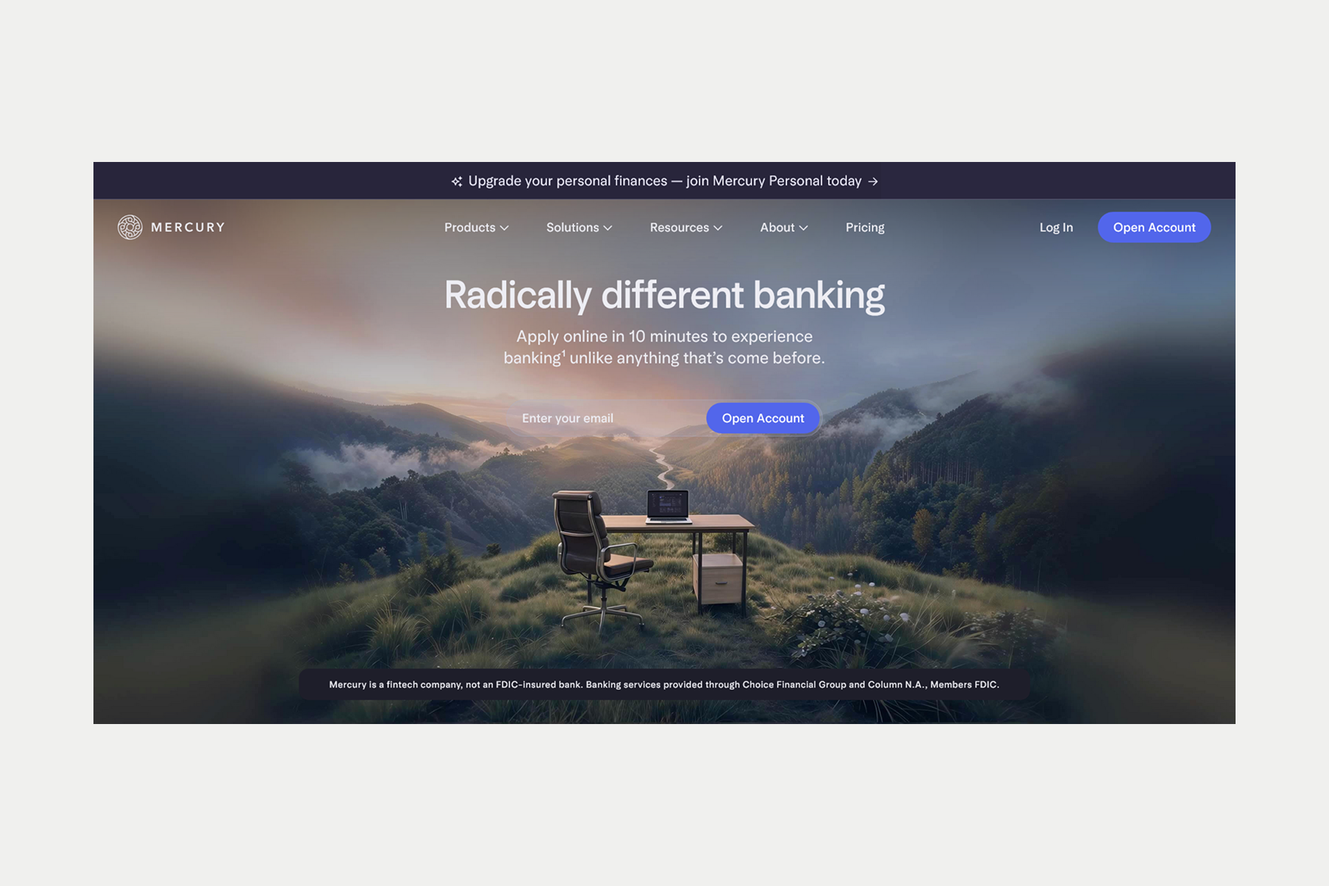 Mercury B2B banking platform screenshot showcasing a sophisticated dark mode aesthetic and flat information hierarchy for startup founders.