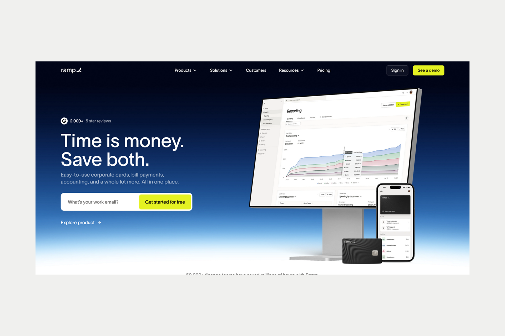 Ramp homepage design focusing on spend management features, data-driven savings calculators, and a clean corporate finance interface.