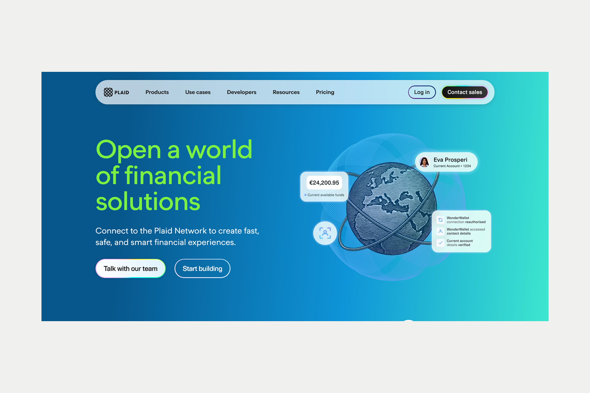 Plaid homepage showcasing technical diagrams that explain complex data flows between banks and apps for developers and enterprise clients.