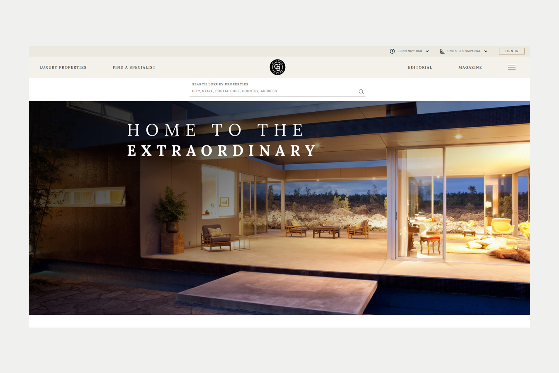 A screenshot of the Coldwell Banker Global Luxury website showing an elegant layout with luxury property visuals.