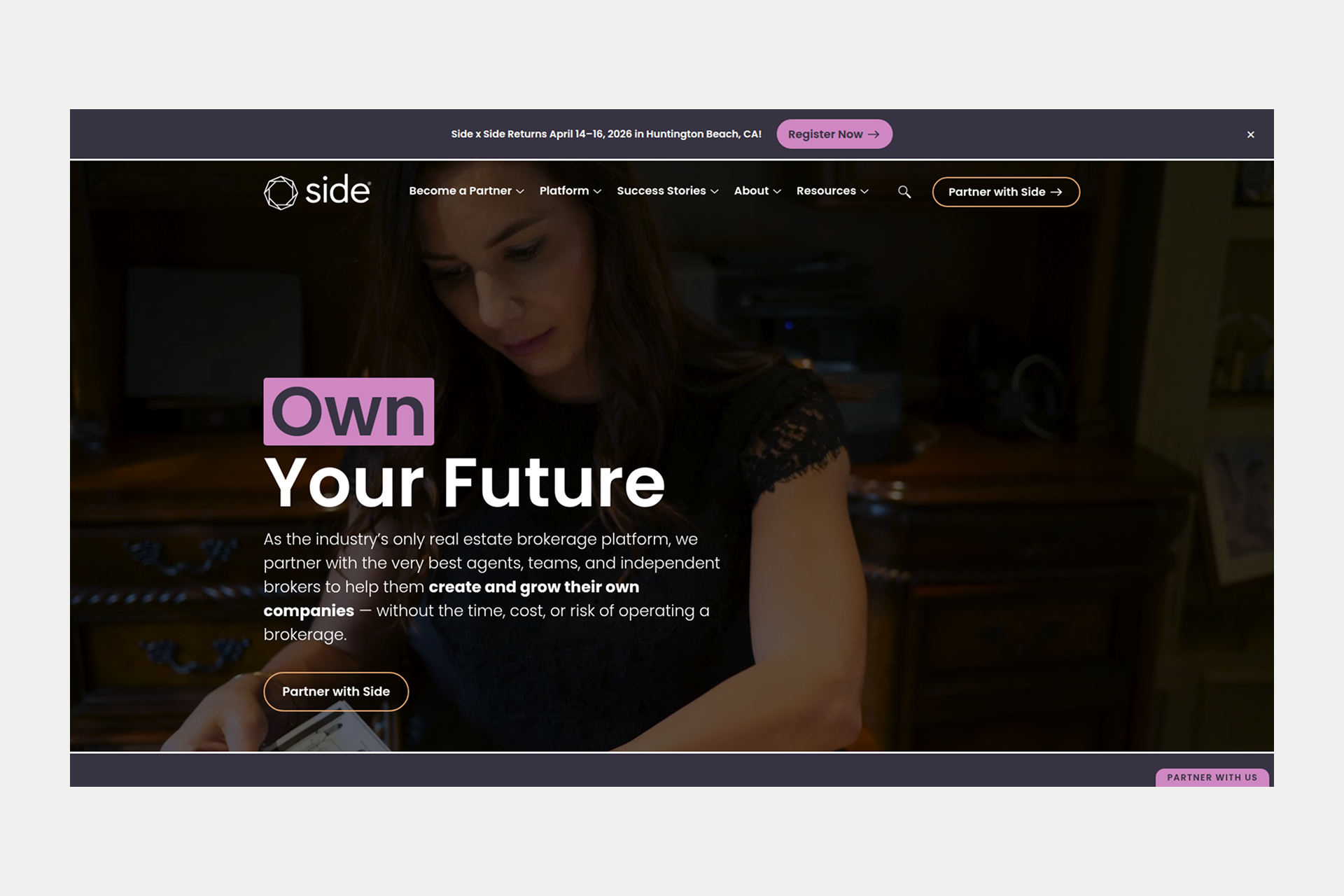  A screenshot of the Side real estate platform website focusing on services and tools for real estate agents.