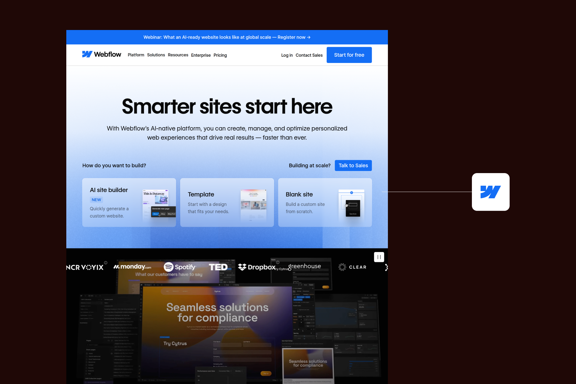 Screenshot of the 2026 Webflow home page.