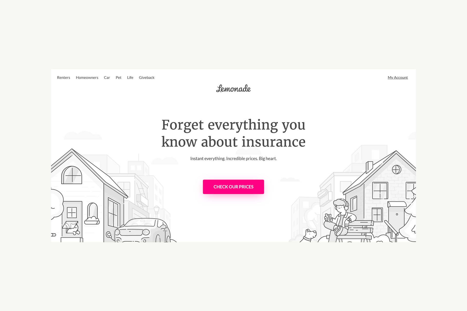 A screenshot of the Lemonade insurance website featuring the bold pink branding and the Maya AI chatbot interface for buying home, renters, and pet insurance.