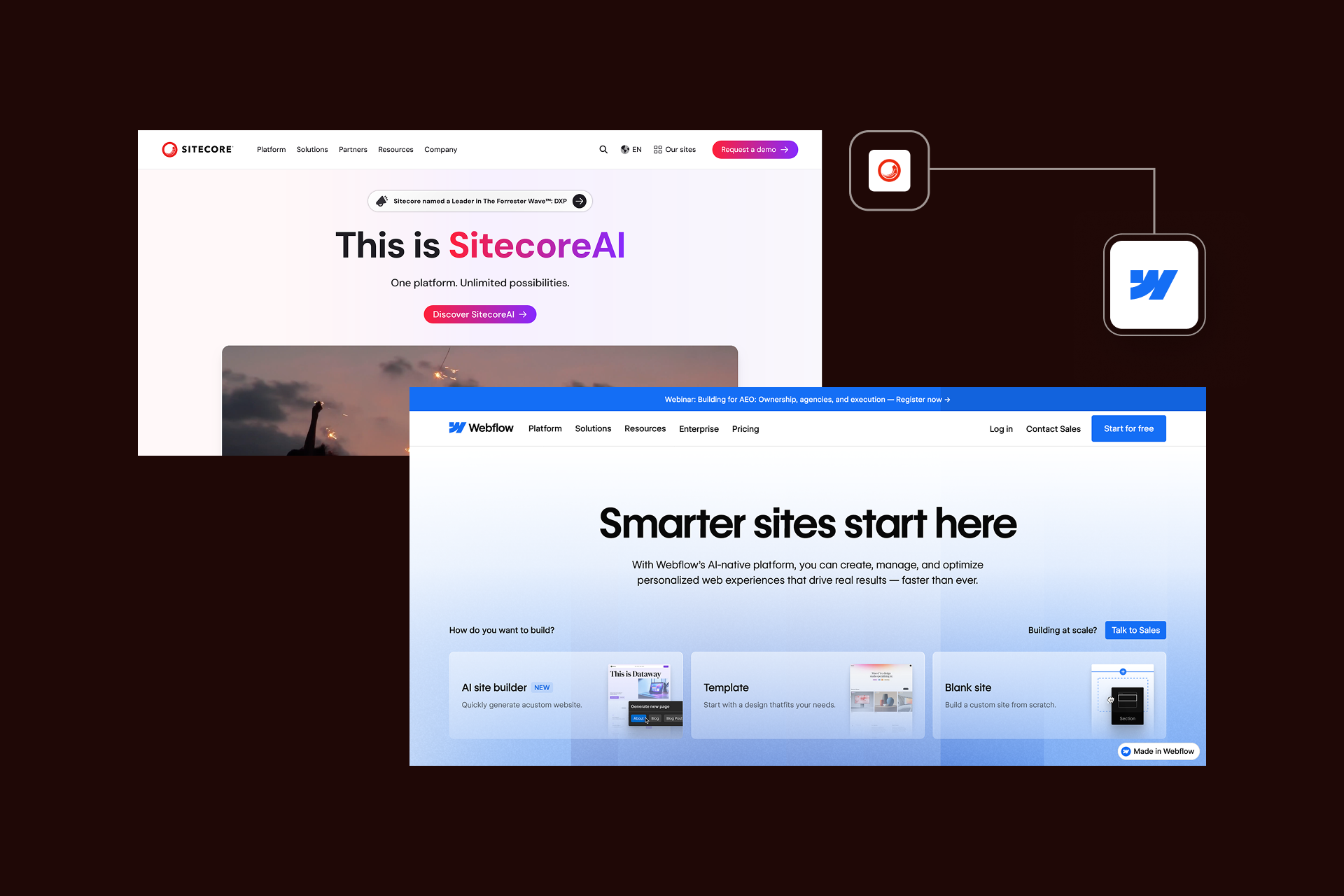 Comparison of homepage layouts and design flexibility between Sitecore and Webflow CMS platforms.