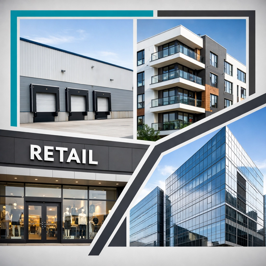 Diverse commercial property types including industrial, multifamily, retail, and office assets