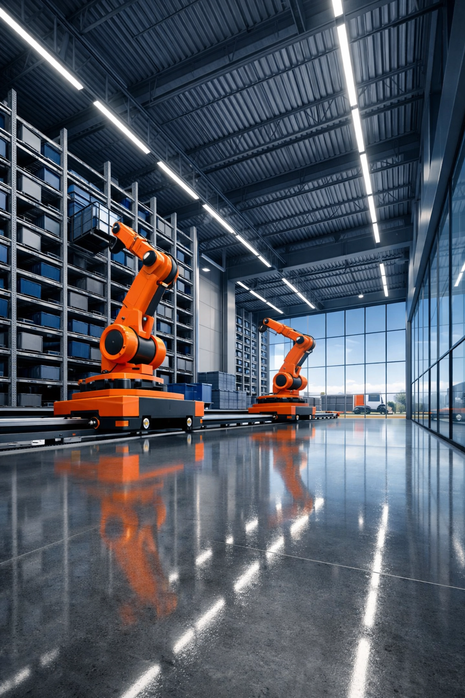 Modern industrial warehouse interior with automated storage systems and high ceilings for logistics operations