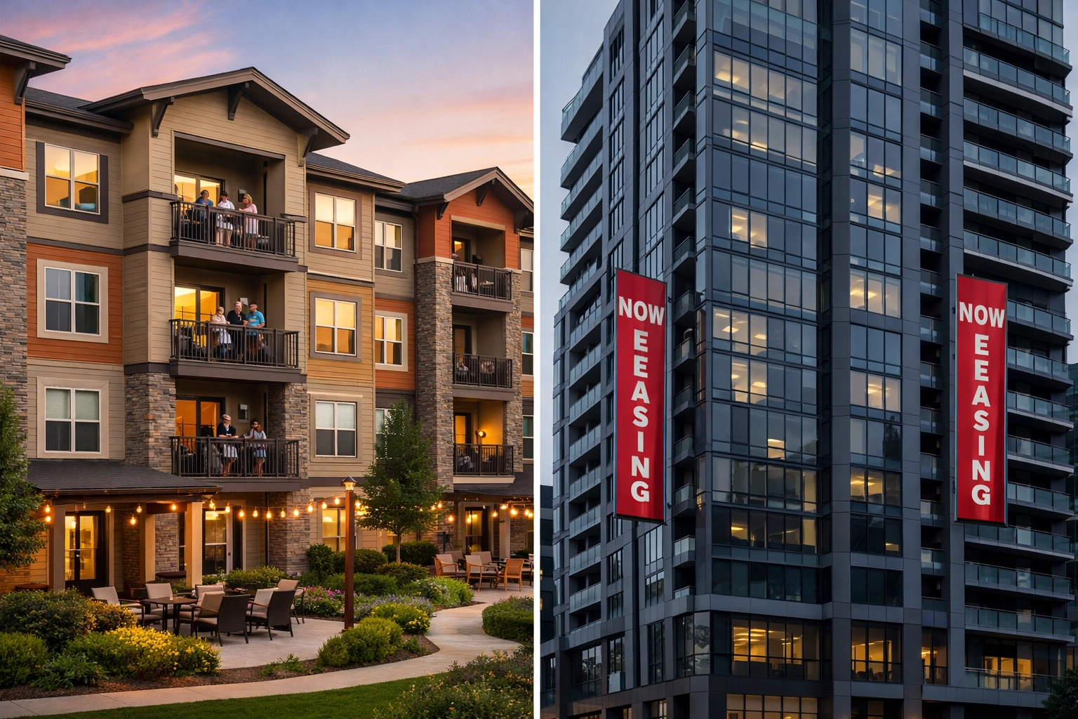 Suburban Class B apartment building versus downtown Class A multifamily property showing market divergence