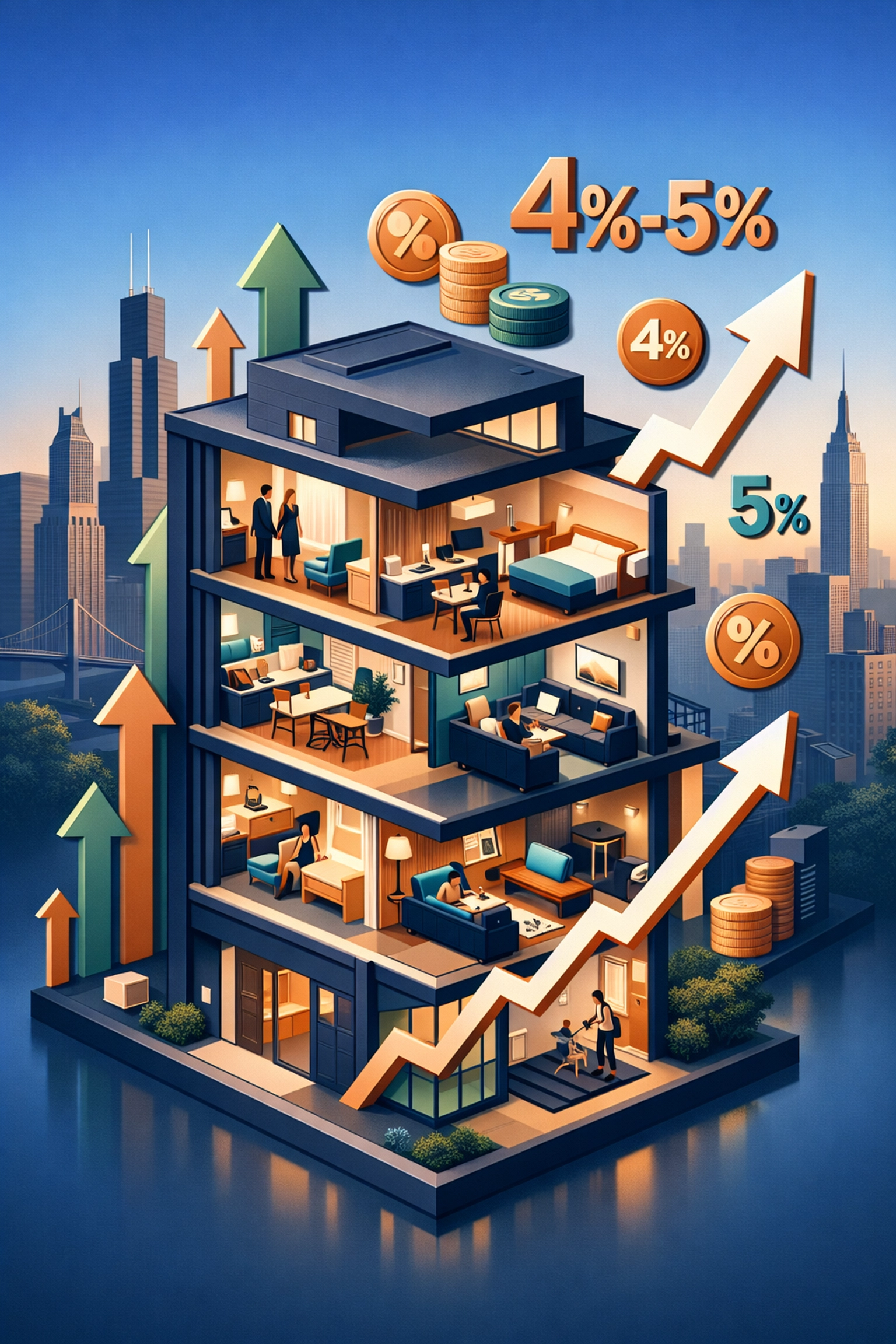Multifamily apartment building showing 4-5% rent growth projections for 2026