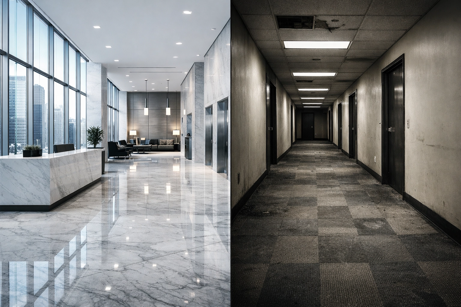 Class A office building lobby contrasted with older commercial space showing market divide