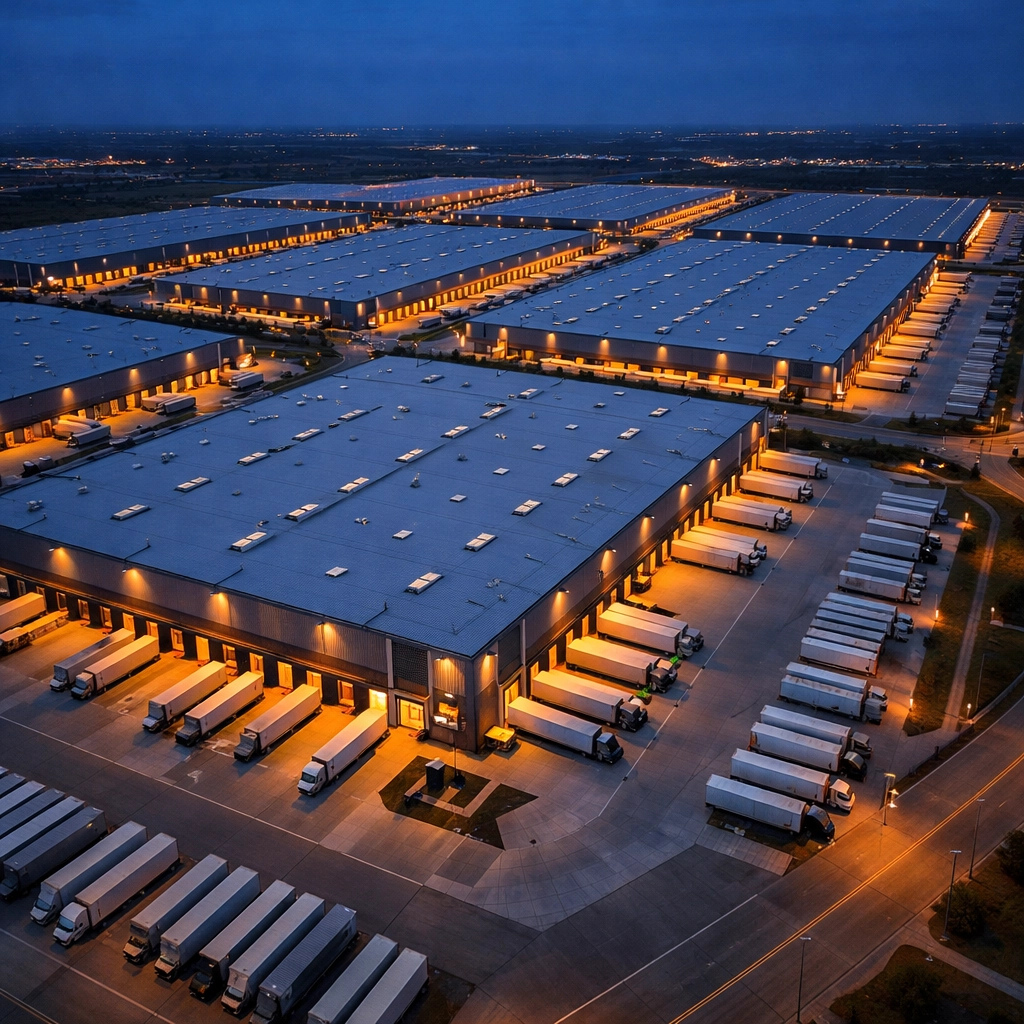 Industrial warehouse complex showing strong CRE fundamentals and logistics demand