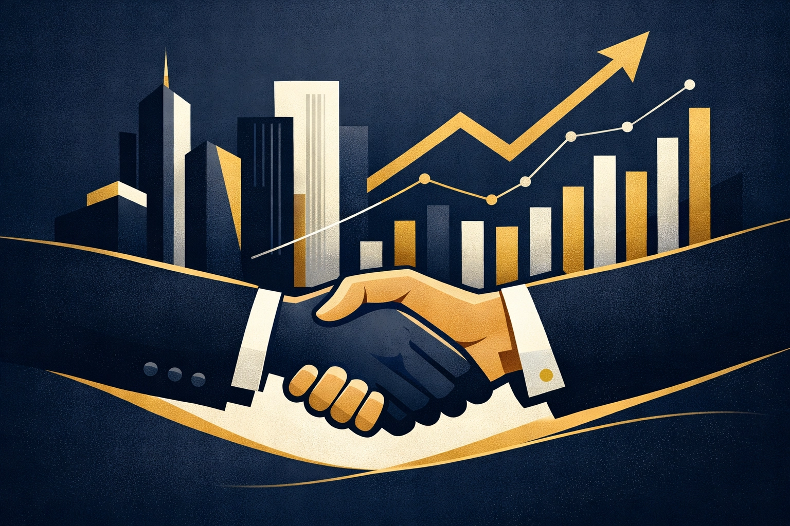 Business handshake with commercial real estate buildings representing lending partnerships