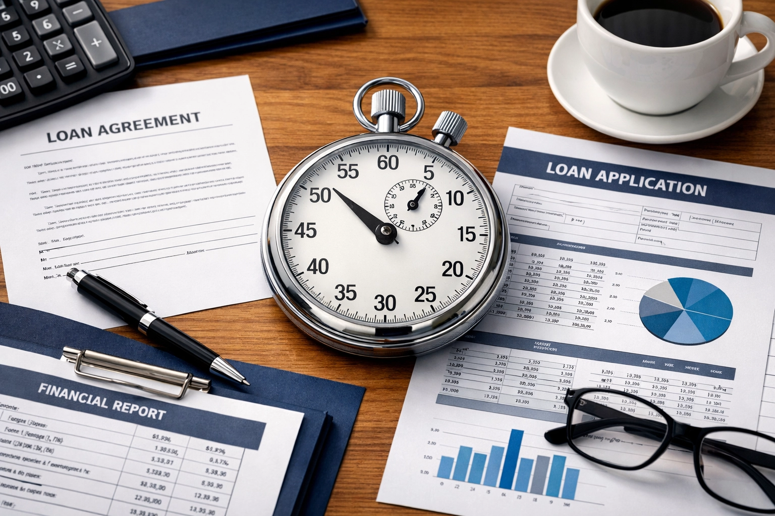 Commercial loan documents with stopwatch showing fast CRE financing timeline