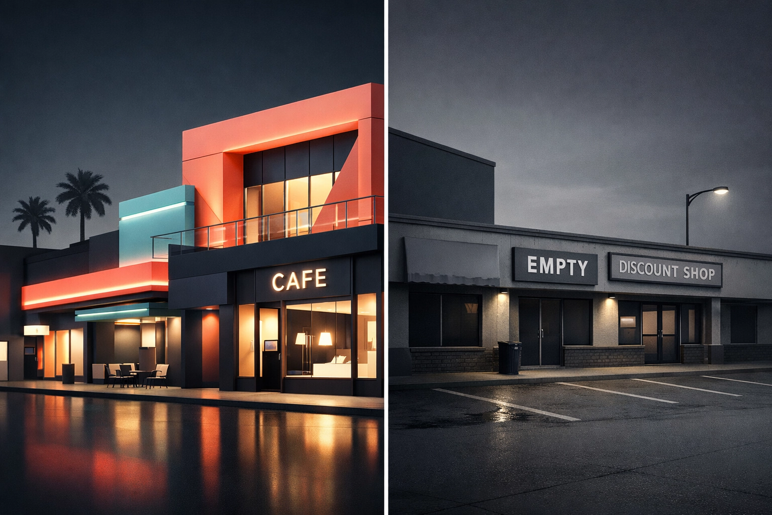 Contrasting retail properties showing strong versus challenged assets in 2026 commercial real estate market