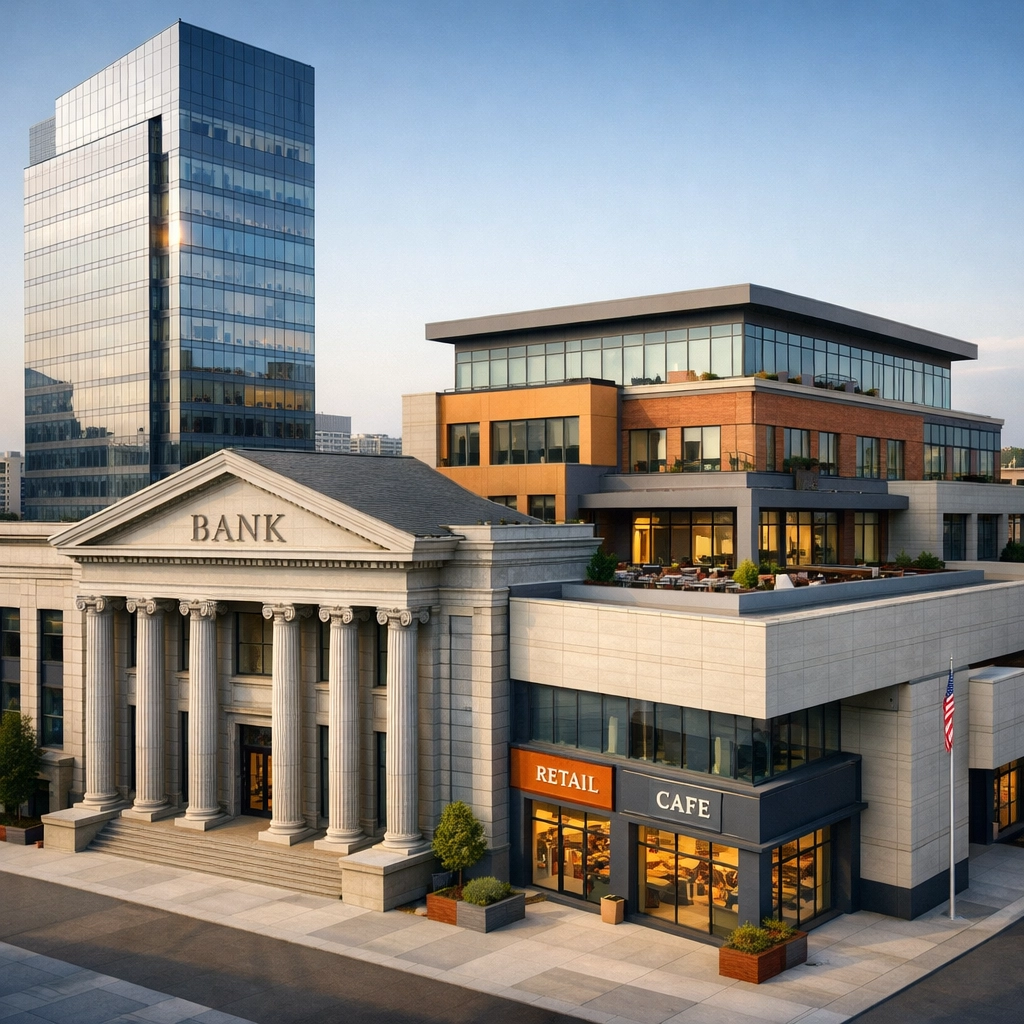 Diverse commercial buildings representing multiple lender types and capital sources for CRE financing