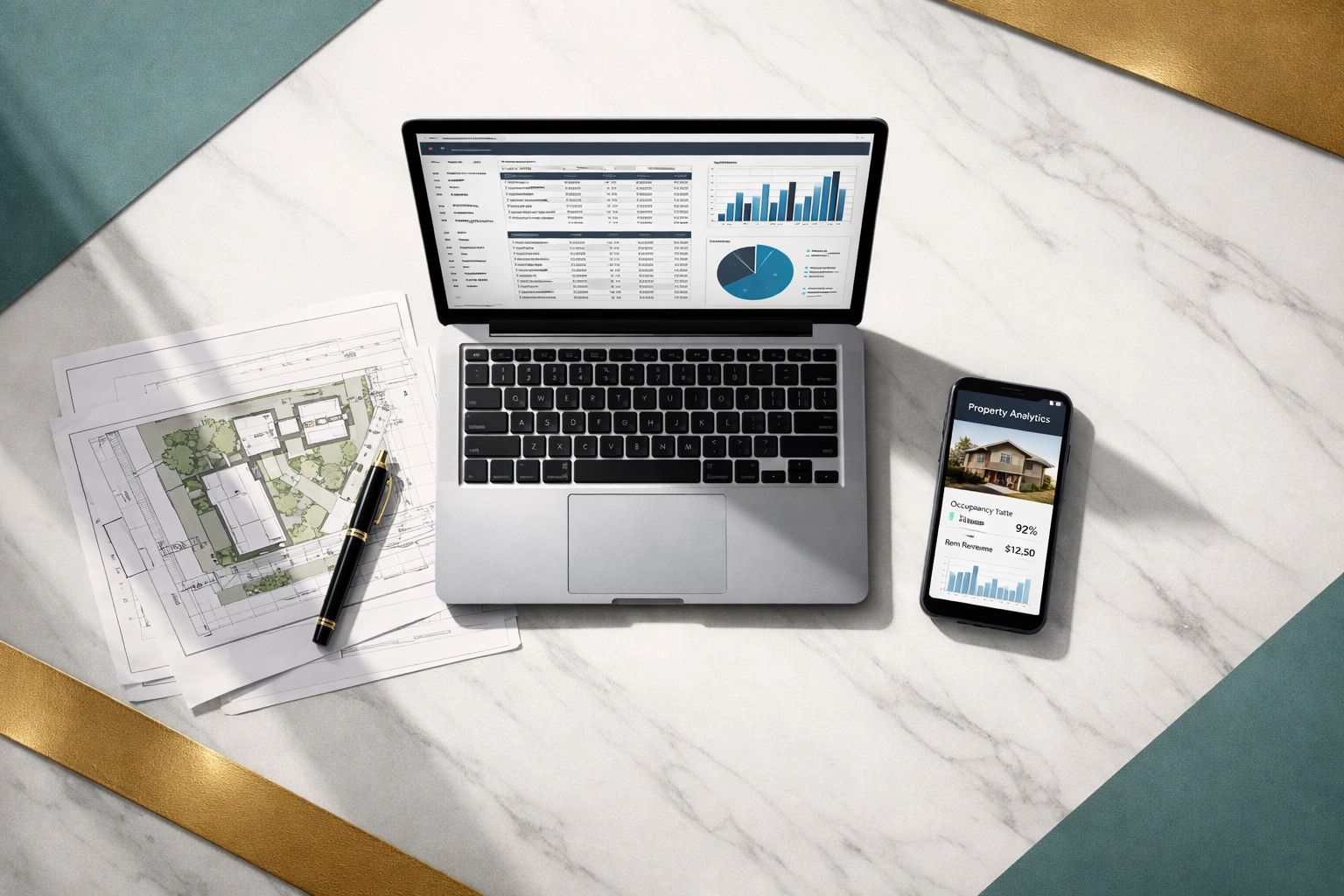 Financial planning desk with commercial real estate refinancing documents and property analytics