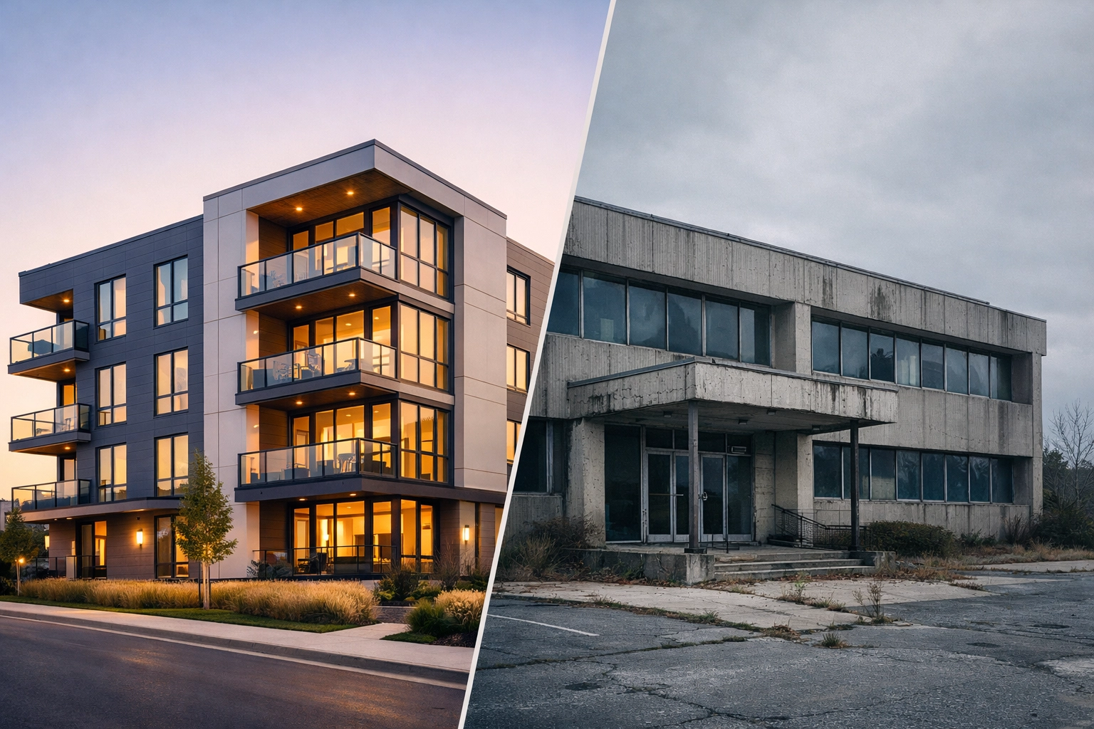 Successful multifamily property versus distressed office building illustrating cash-out refinance risk scenarios