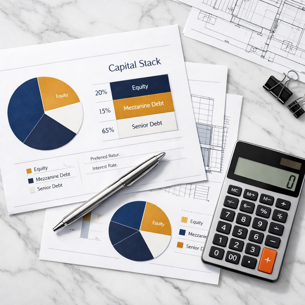 Financial documents and capital stack analysis for mezzanine and preferred equity deals