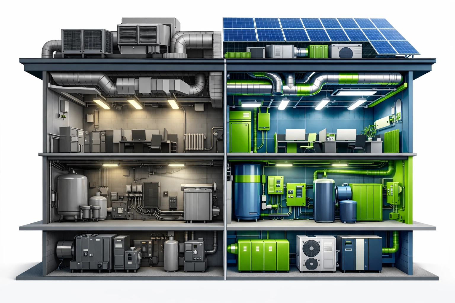 Commercial property energy retrofit showing HVAC and solar system upgrades for green financing