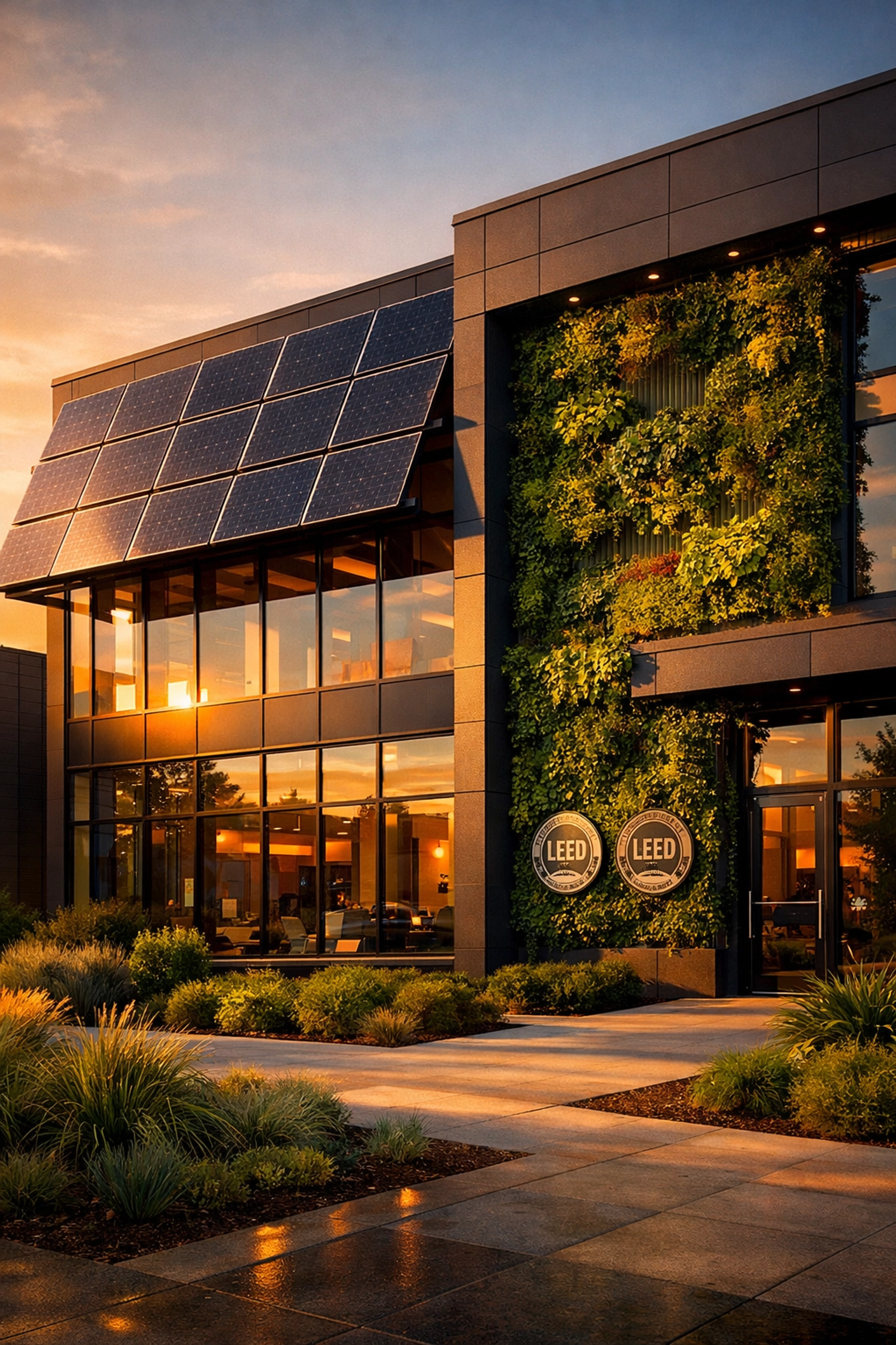 Modern commercial building with solar panels and energy-efficient features for sustainable CRE