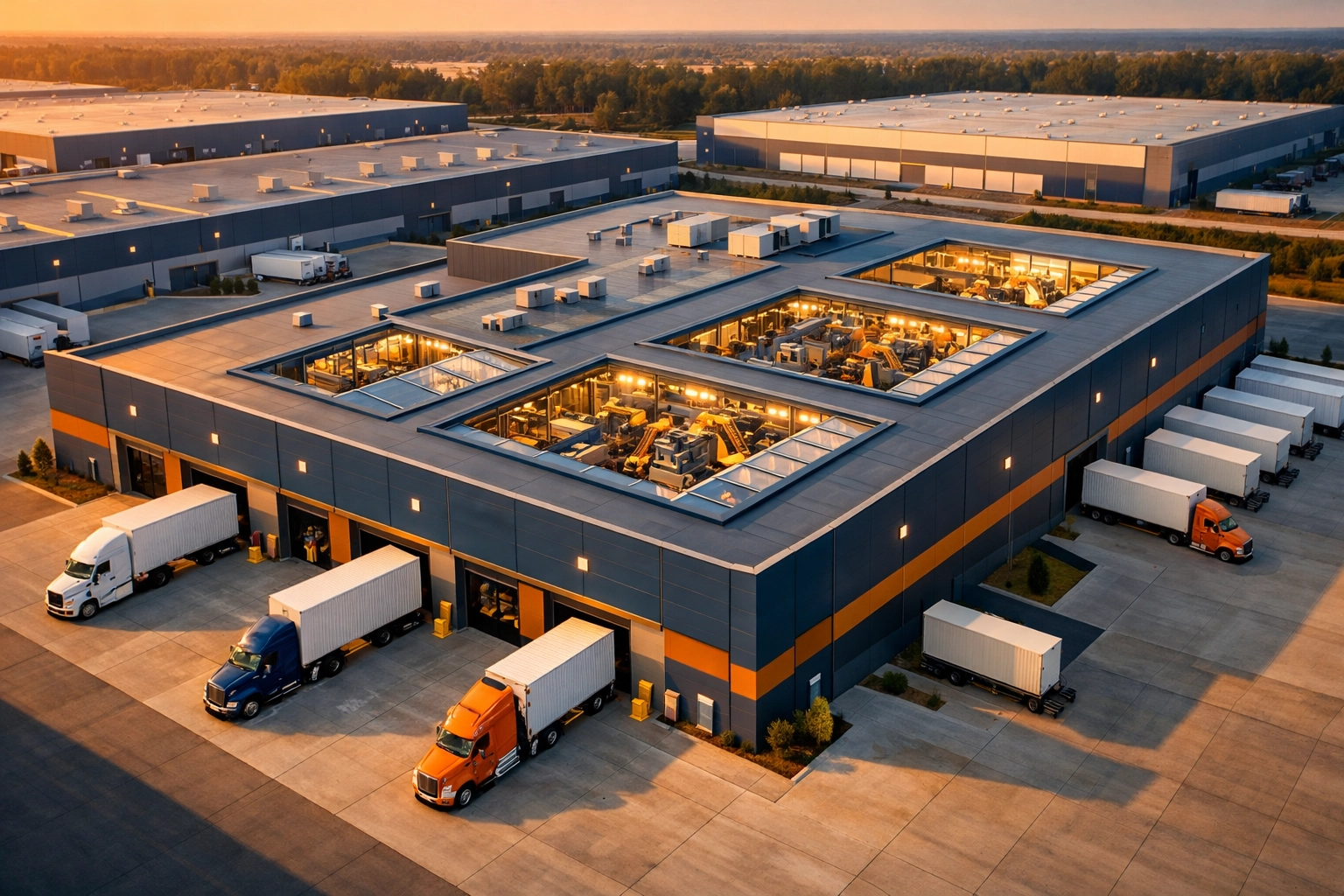 Modern manufacturing facility and industrial warehouses in the Southeast showing reshoring growth