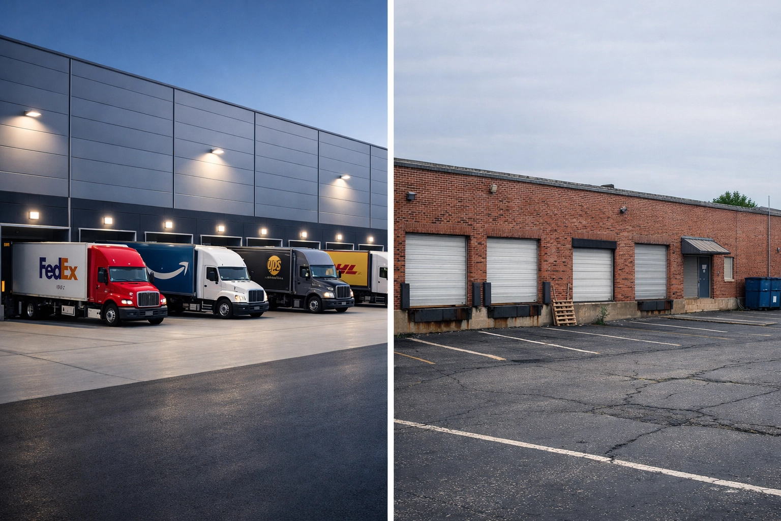 Modern big-box distribution center contrasted with older small-bay industrial warehouse