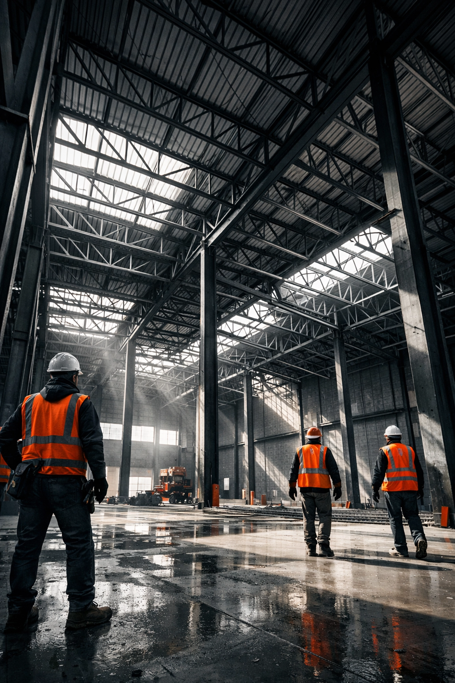 Build-to-suit industrial warehouse under construction with steel framework and high ceilings