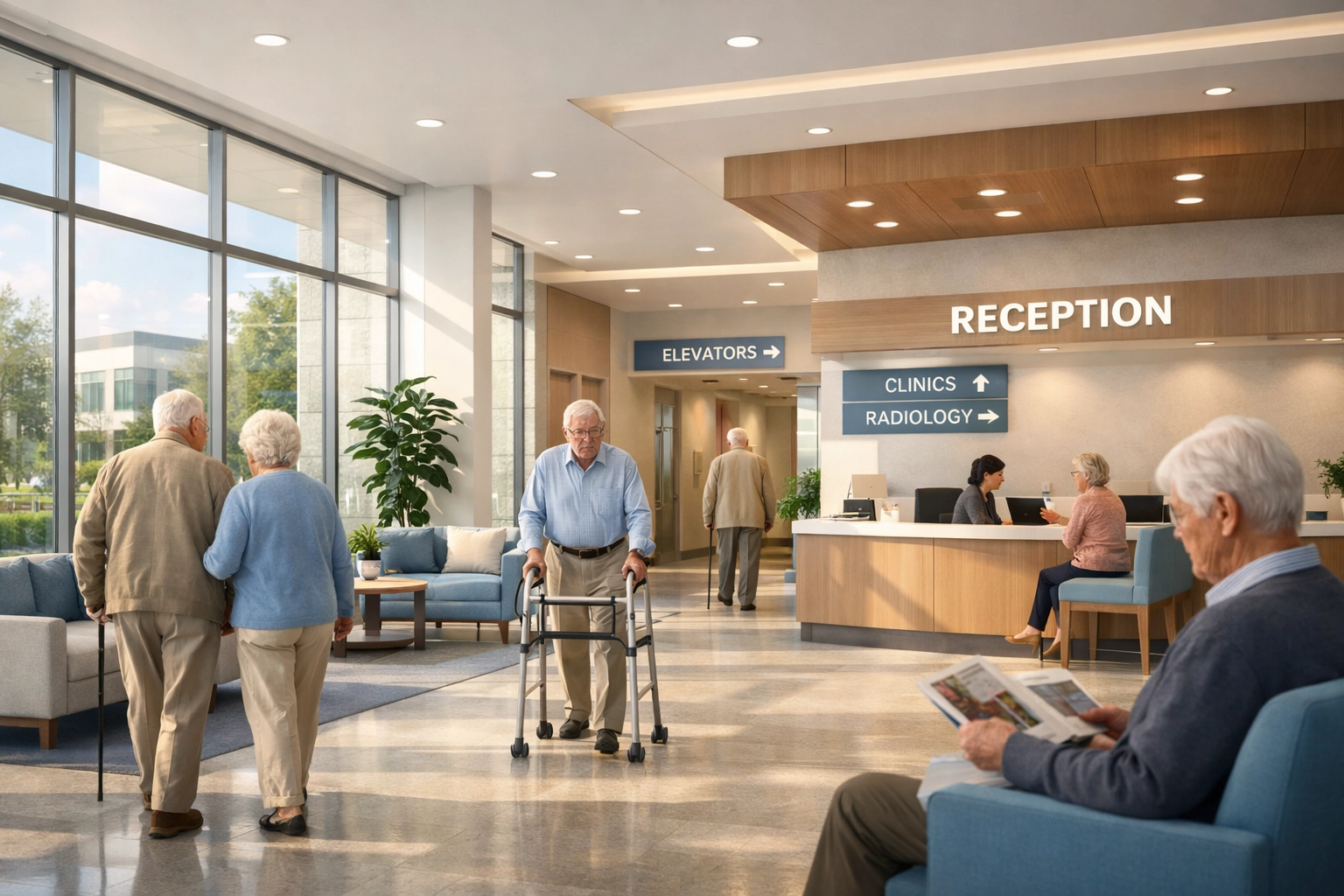 Modern medical office building lobby with senior patients in bright, accessible healthcare facility